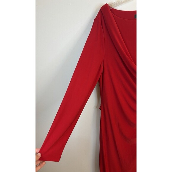 LAUREN RALPH LAUREN Connie Red Buckle Faux Wrap Midi Dress 16 Jersey Holiday - Picture 6 of 16